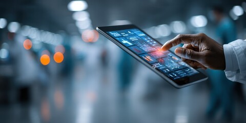 African male doctor using digital tablet with medical data in modern clinic environment