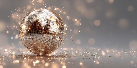shiny disco ball rests on a reflective surface, surrounded by glittering golden confetti pieces