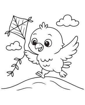 Coloring book A cheerful baby eagle joyfully running with a kite