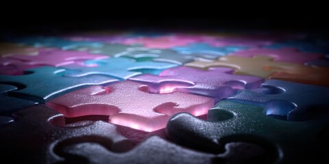 colorful jigsaw puzzle pieces lying flat on dark surface, connection and solution concept