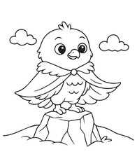 Coloring book baby eagle, wing-cape unfurled, perched majestically on a peak