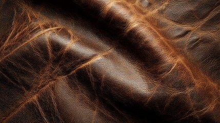 Brown leather texture, wrinkled surface, showing natural grain and folds, representing luxury, durability, and classic style