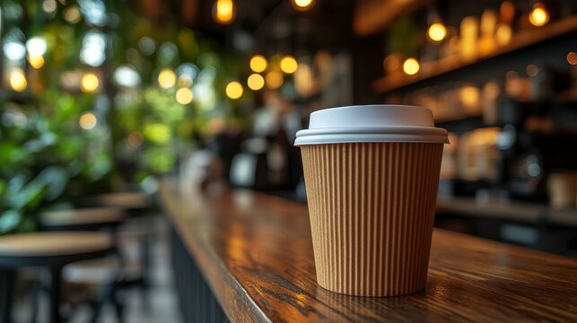 Coffee cup on wooden bar in a caf?, blurred lights and greenery background