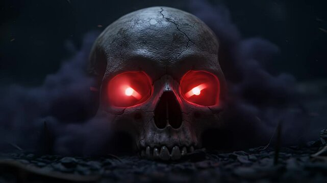 Glowing Red Eyes Skull in Dark Mist Spooky Halloween Digital Art