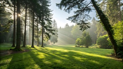 Obraz premium A tranquil forest clearing bathed in dappled sunlight, highlighting the natural beauty and calmness of the woodland environment.