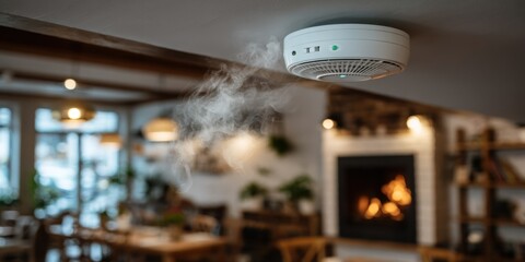white smoke alarm on ceiling inside room with blurred fireplace as fire prevention measure