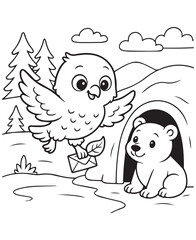 Coloring book baby eagle delivers a letter to a friendly bear peeking from its den in a charming forest scene