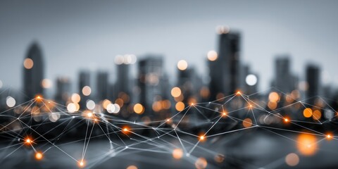 cityscape at dusk with network mesh overlay symbolizing connection and technology, background blur