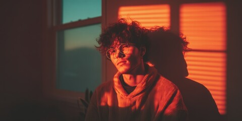 Asian male with curly hair, wearing glasses and a hoodie, backlit by sunset indoors, creating shadows