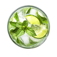 Overhead view of a mojito cocktail with ice cubes lime wedges and fresh mint leaves in a clear glass cup