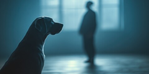 loyal dog waiting in dim room with blurry silhouette, dog and master, waiting in hope