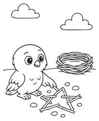 Coloring book baby eagle builds a star from sticks next to its cozy nest, under fluffy clouds