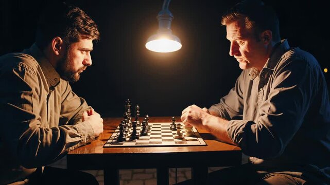 Nighttime chess duel under warm lamp light - Powered by Adobe