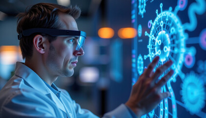 Focused scientist interacts with digital display, showcasing advanced technology and data visualization. environment is modern and high tech