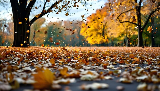 A breezy autumn day in a park, with leaves swirling through the air and trees bending gently in the wind. The sky is bright but overcast, and the ground is layered with freshly fallen leaves 