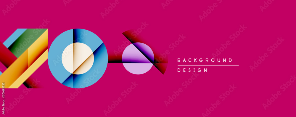 Fototapete Abstract geometric composition. Overlapping circles, rectangles create dynamic visual effect. Bright colors contrast against vivid pink background. Modern design element.
