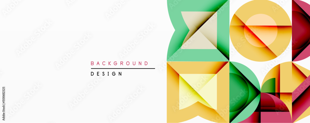Poster Abstract geometric design features overlapping squares, triangles. Colors include green, yellow, red, creating modern visual effect. Minimalist style, clean lines.