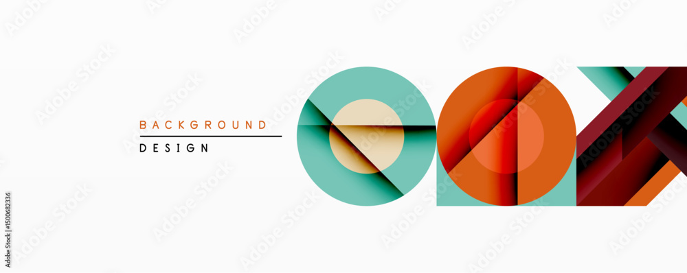 Poster abstract geometric design features layered circles, squares, lines. warm orange, cool teal hues crea