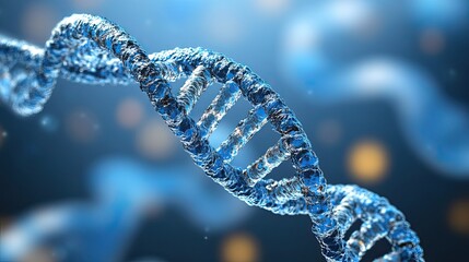 Close up of a blue dna double helix structure against a blurred blue background