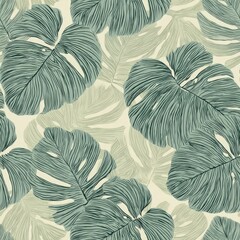 Seamless tropical leaf pattern in muted green tones, botanical palm and monstera motif, calming nature aesthetic