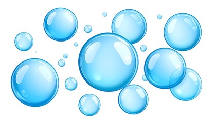 Vector-style water bubbles, isolated on white, smooth gradients of cyan and blue, minimal design, clean and crisp reflections, perfect for packaging and label design