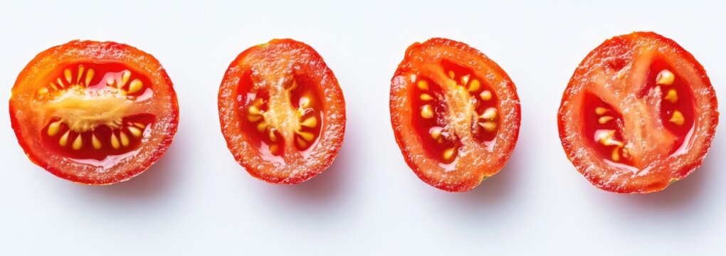 Four halved cherry tomatoes, vibrant red flesh, and visible seeds