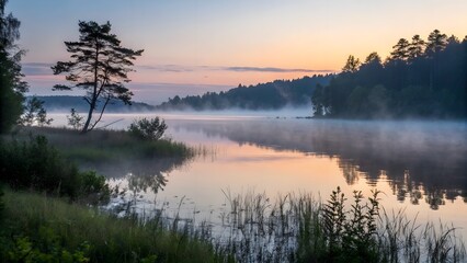 Fototapeta premium Early morning mist gently rises from a calm lake, creating a serene and ethereal atmosphere perfect for peaceful nature scenes.