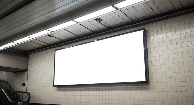 rectangular white billboard in underground metro station
