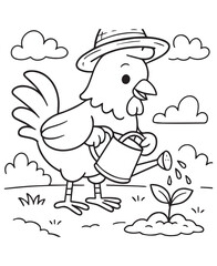 Coloring book rooster wearing a hat waters a new plant, nurturing growth. 