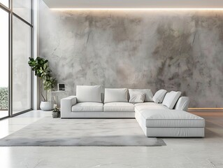 An expansive minimalist living room featuring a large L-shaped sofa, marble floors, and an elegant concrete wall