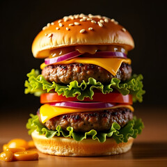 Ultimate Double Cheeseburger with Fresh Veggies on Rustic Paper Background