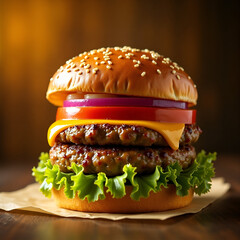 Gourmet burger build-up – animated layers falling into place (bun, patty, cheese, lettuce, etc.) in satisfying slow sequence