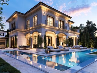 A luxurious private villa with an impressive pool captured during the enchanting hour of dusk, radiating exclusivity