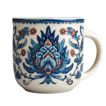 graphic showcase png dicut transparent Elegant ceramic mug with intricate floral design in blue and white tones.