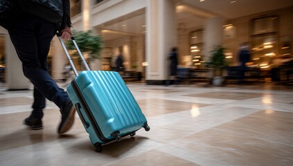 Man with teal suitcase in hotel lobby