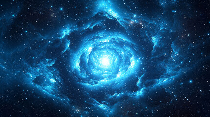 Hyperspace tunnel, radiating energy and light. Bright stars illuminate the blue explosion. Futuristic concept