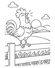 Coloring book rooster crows a loud "cock-a-doodle-doo!" as the sun rises over the farm © eli1993