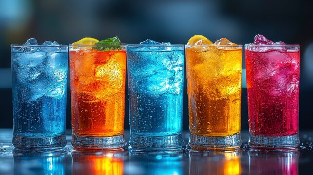 Colorful drinks row of vibrant beverages with ice, citrus, and mint garnishes on a reflective surface