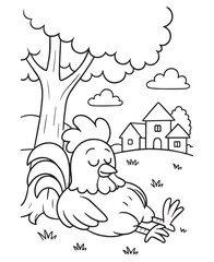 Coloring book rooster enjoys a peaceful nap under a shady tree on the farm