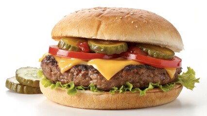 Juicy Cheeseburger with Pickles and Tomato, Food Photography, Burger Recipe Burger, Fast Food