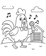 Coloring book dapper rooster, bow-tied and ready, croons a tune into a microphone