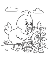 Coloring book rooster picks ripe strawberries in a garden, filling his basket.