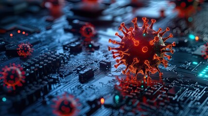 Red coronavirus cells on a blue circuit board representing a digital pandemic threat