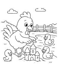 Coloring book Mother hen and ducklings build a sandcastle by the pond
