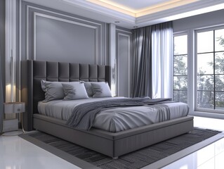 Luxurious modern bedroom featuring a plush grey bed, elegant curtains, and sophisticated room accents