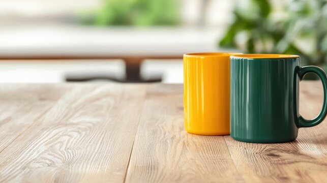Cozy Cafe Offering Discounts for Customers with Colorful Mugs on a Wooden Table in a Bright Setting