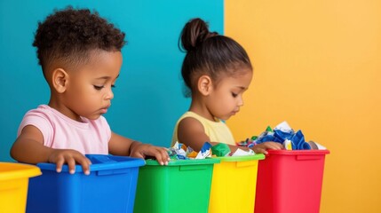 Children Engaged in Learning to Separate Recyclables by Color in a Vibrant Classroom Environment