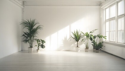 Sunlight streams into a bright, minimalist room filled with lush houseplants.