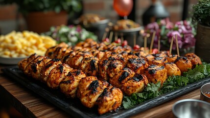 Naklejka premium Birthday celebration featuring chicken karahi seekh kebabs fresh salads and a beautifully decorated cake with balloons and gifts