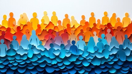 Colorful crowd Paper-cut figures transitioning from blue to orange on white, symbolizing a shift in emotions